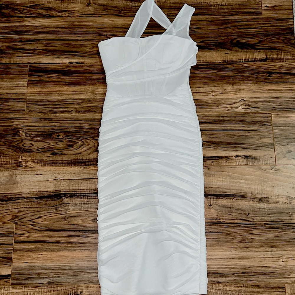 White Bandage Mesh Overlay Midi Dress BRAND